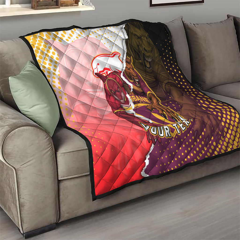 Personalized Brisbane Broncos vs Dolphins Quilt Rivalry Dynamic Sports Rugby Mascot Graphic Art