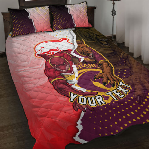 Personalized Brisbane Broncos vs Dolphins Quilt Bed Set Rivalry Dynamic Sports Rugby Mascot Graphic Art