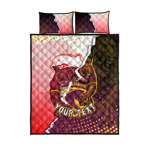 Personalized Brisbane Broncos vs Dolphins Quilt Bed Set Rivalry Dynamic Sports Rugby Mascot Graphic Art