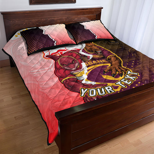 Personalized Brisbane Broncos vs Dolphins Quilt Bed Set Rivalry Dynamic Sports Rugby Mascot Graphic Art