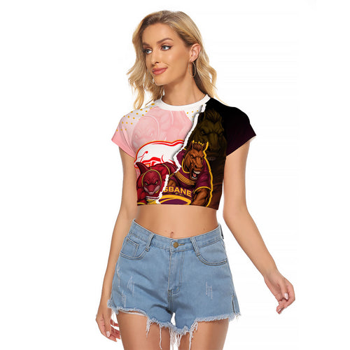 Personalized Brisbane Broncos vs Dolphins Raglan Cropped T Shirt Rivalry Dynamic Sports Rugby Mascot Graphic Art