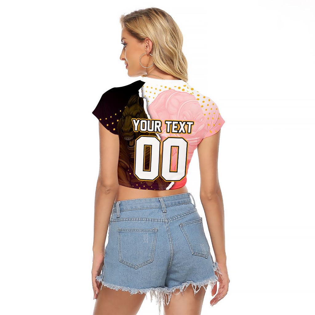 Personalized Brisbane Broncos vs Dolphins Raglan Cropped T Shirt Rivalry Dynamic Sports Rugby Mascot Graphic Art