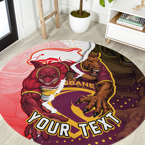 Personalized Brisbane Broncos vs Dolphins Round Carpet Rivalry Dynamic Sports Rugby Mascot Graphic Art