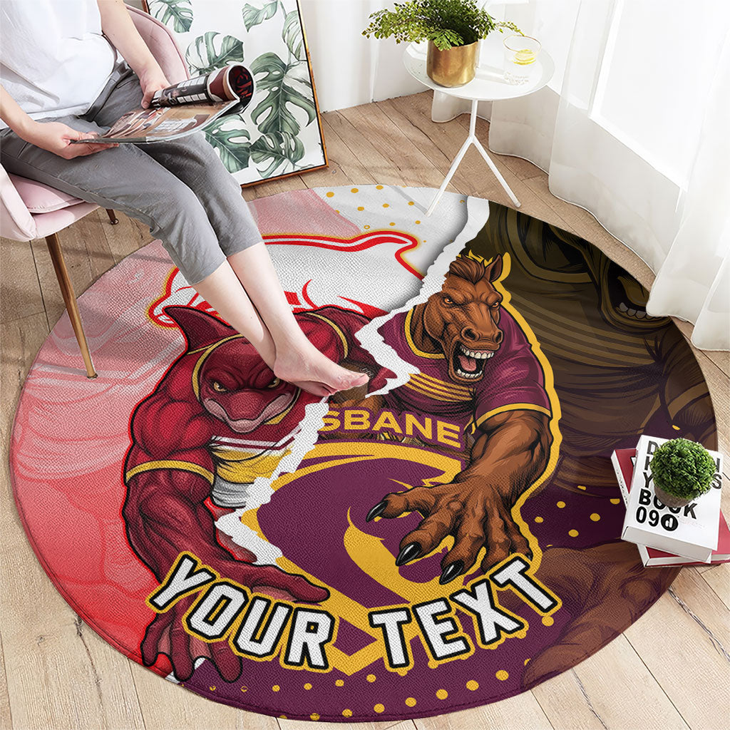 Personalized Brisbane Broncos vs Dolphins Round Carpet Rivalry Dynamic Sports Rugby Mascot Graphic Art