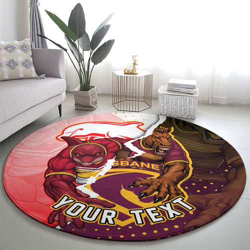 Personalized Brisbane Broncos vs Dolphins Round Carpet Rivalry Dynamic Sports Rugby Mascot Graphic Art