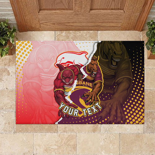 Personalized Brisbane Broncos vs Dolphins Rubber Doormat Rivalry Dynamic Sports Rugby Mascot Graphic Art