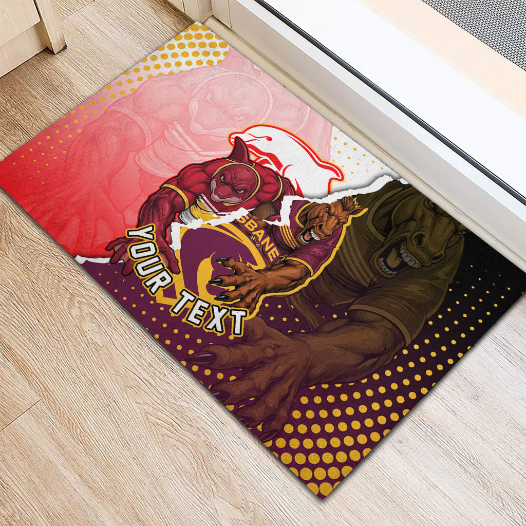 Personalized Brisbane Broncos vs Dolphins Rubber Doormat Rivalry Dynamic Sports Rugby Mascot Graphic Art
