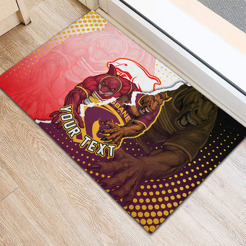 Personalized Brisbane Broncos vs Dolphins Rubber Doormat Rivalry Dynamic Sports Rugby Mascot Graphic Art