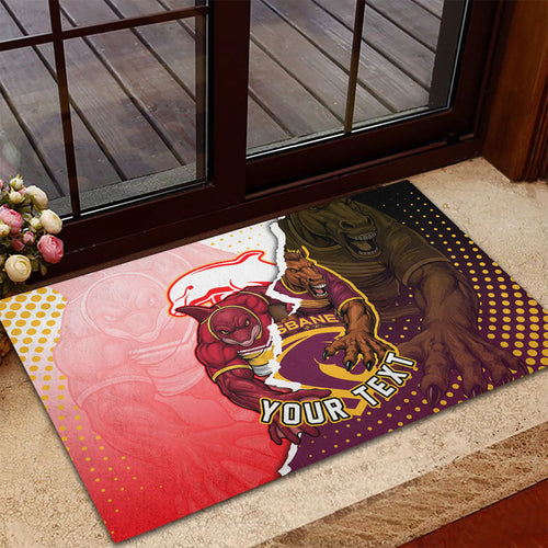 Personalized Brisbane Broncos vs Dolphins Rubber Doormat Rivalry Dynamic Sports Rugby Mascot Graphic Art