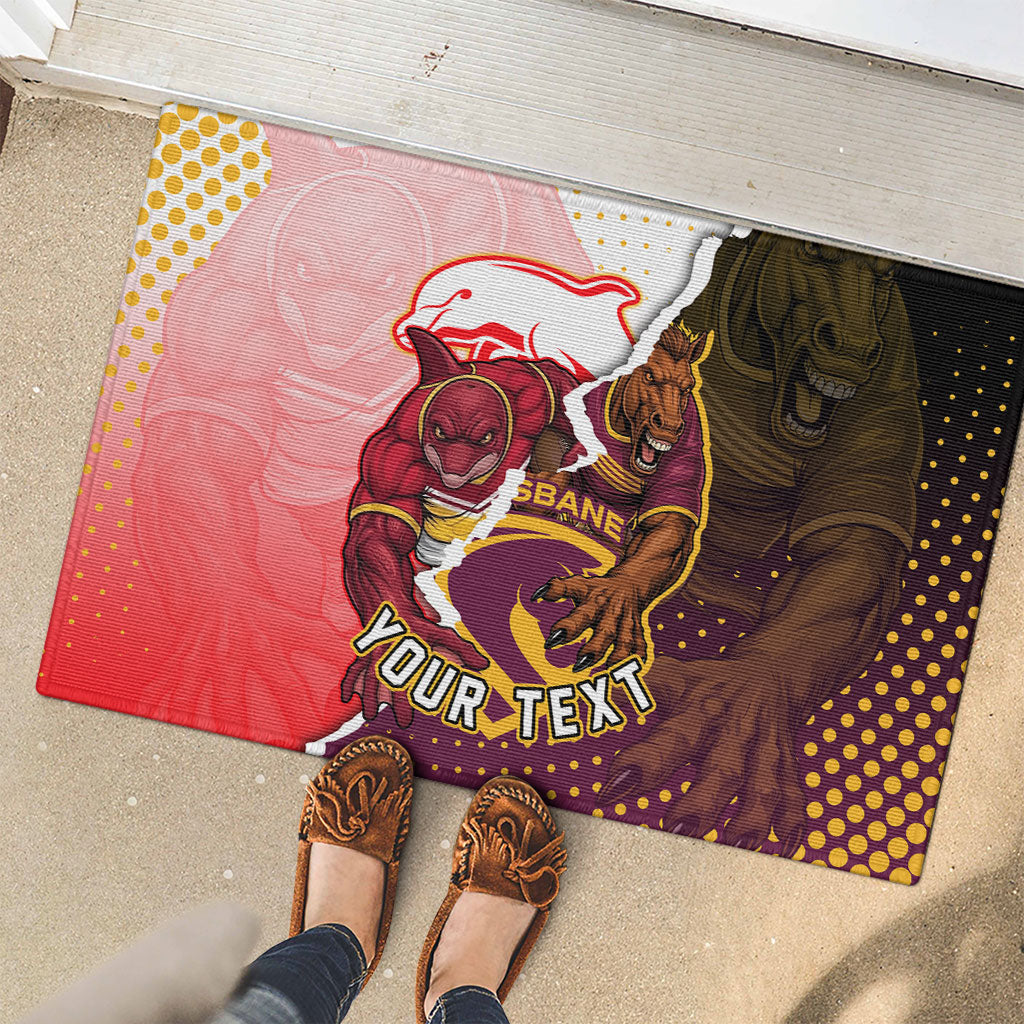 Personalized Brisbane Broncos vs Dolphins Rubber Doormat Rivalry Dynamic Sports Rugby Mascot Graphic Art