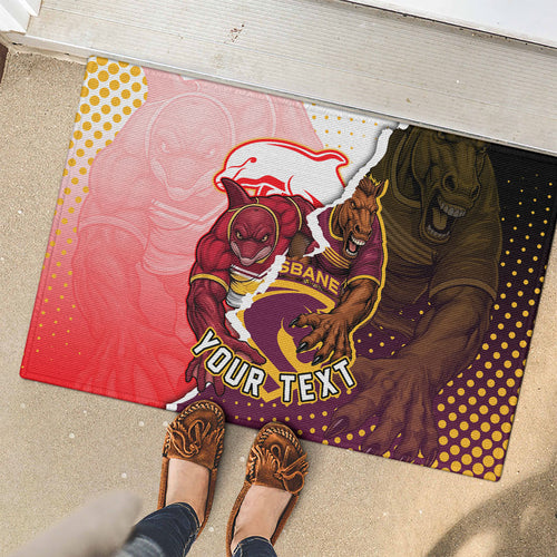 Personalized Brisbane Broncos vs Dolphins Rubber Doormat Rivalry Dynamic Sports Rugby Mascot Graphic Art