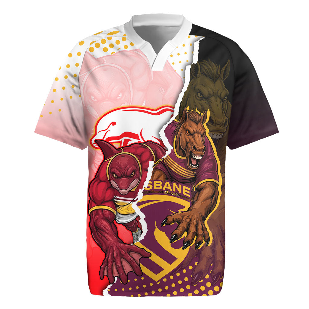 Personalized Brisbane Broncos vs Dolphins Rugby Jersey Rivalry Dynamic Sports Rugby Mascot Graphic Art