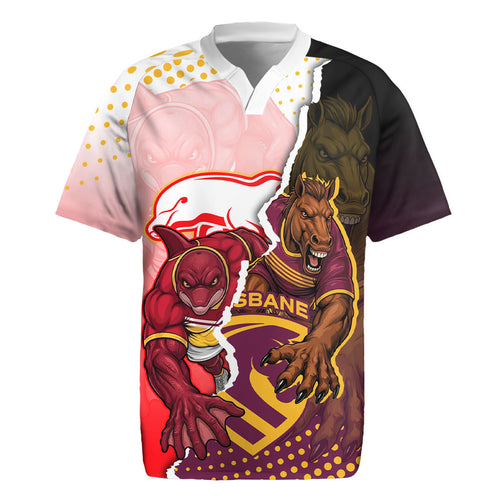 Personalized Brisbane Broncos vs Dolphins Rugby Jersey Rivalry Dynamic Sports Rugby Mascot Graphic Art