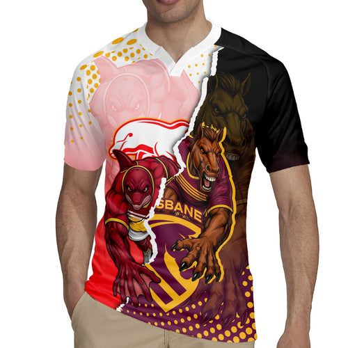 Personalized Brisbane Broncos vs Dolphins Rugby Jersey Rivalry Dynamic Sports Rugby Mascot Graphic Art
