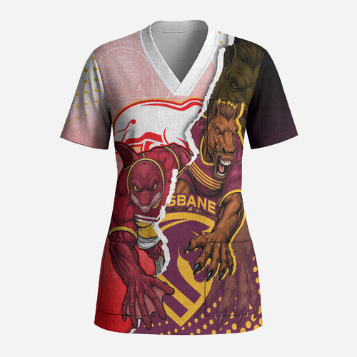 Personalized Brisbane Broncos vs Dolphins Scrub Top Rivalry Dynamic Sports Rugby Mascot Graphic Art