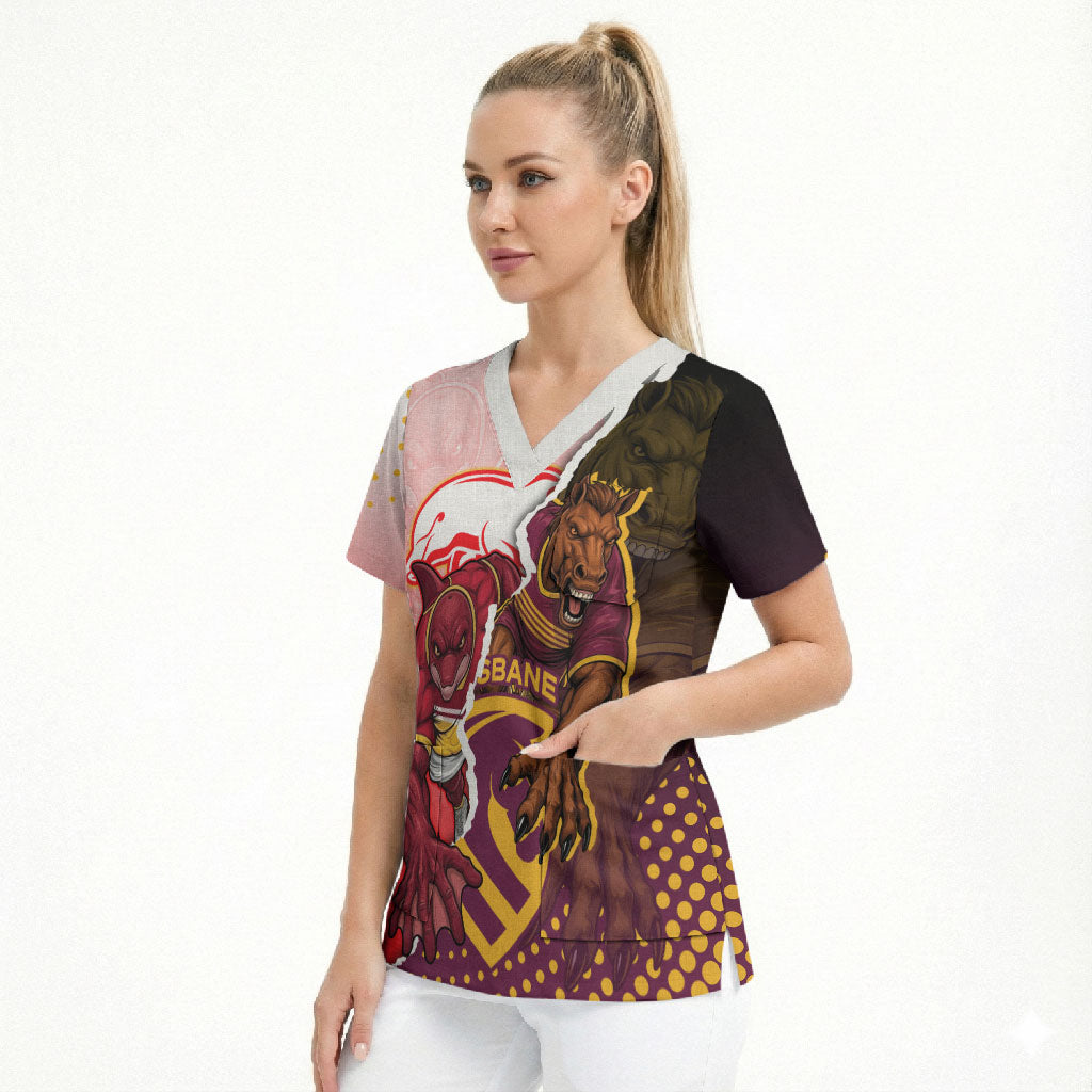 Personalized Brisbane Broncos vs Dolphins Scrub Top Rivalry Dynamic Sports Rugby Mascot Graphic Art