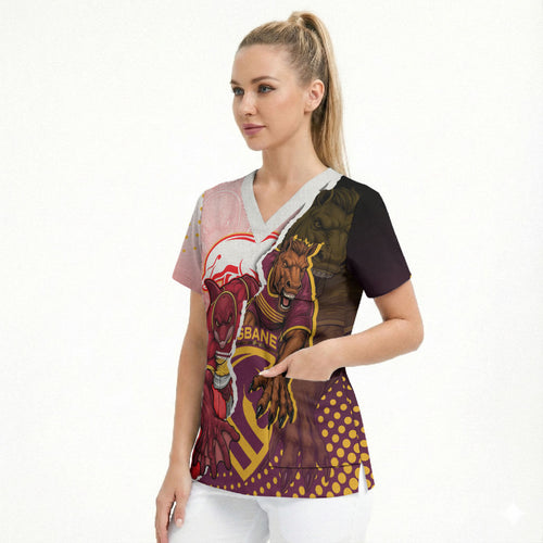 Personalized Brisbane Broncos vs Dolphins Scrub Top Rivalry Dynamic Sports Rugby Mascot Graphic Art