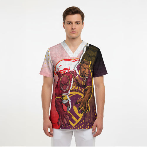 Personalized Brisbane Broncos vs Dolphins Scrub Top Rivalry Dynamic Sports Rugby Mascot Graphic Art