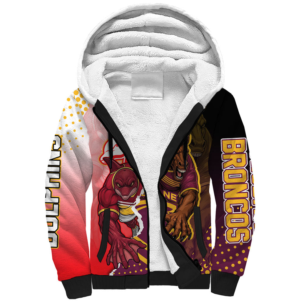 Personalized Brisbane Broncos vs Dolphins Sherpa Hoodie Rivalry Dynamic Sports Rugby Mascot Graphic Art
