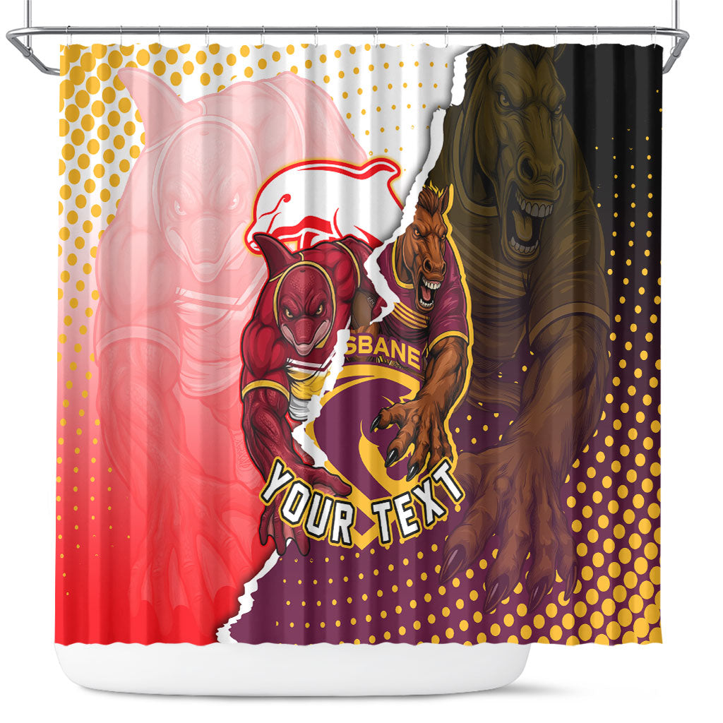 Personalized Brisbane Broncos vs Dolphins Shower Curtain Rivalry Dynamic Sports Rugby Mascot Graphic Art