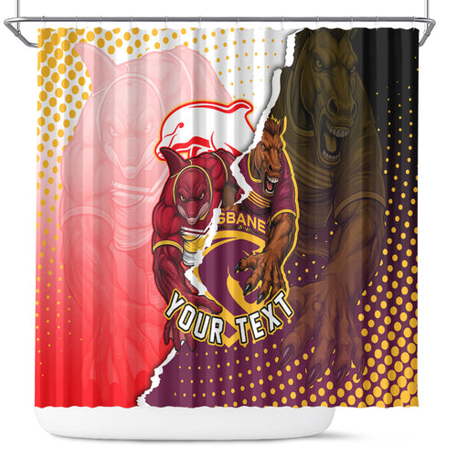 Personalized Brisbane Broncos vs Dolphins Shower Curtain Rivalry Dynamic Sports Rugby Mascot Graphic Art