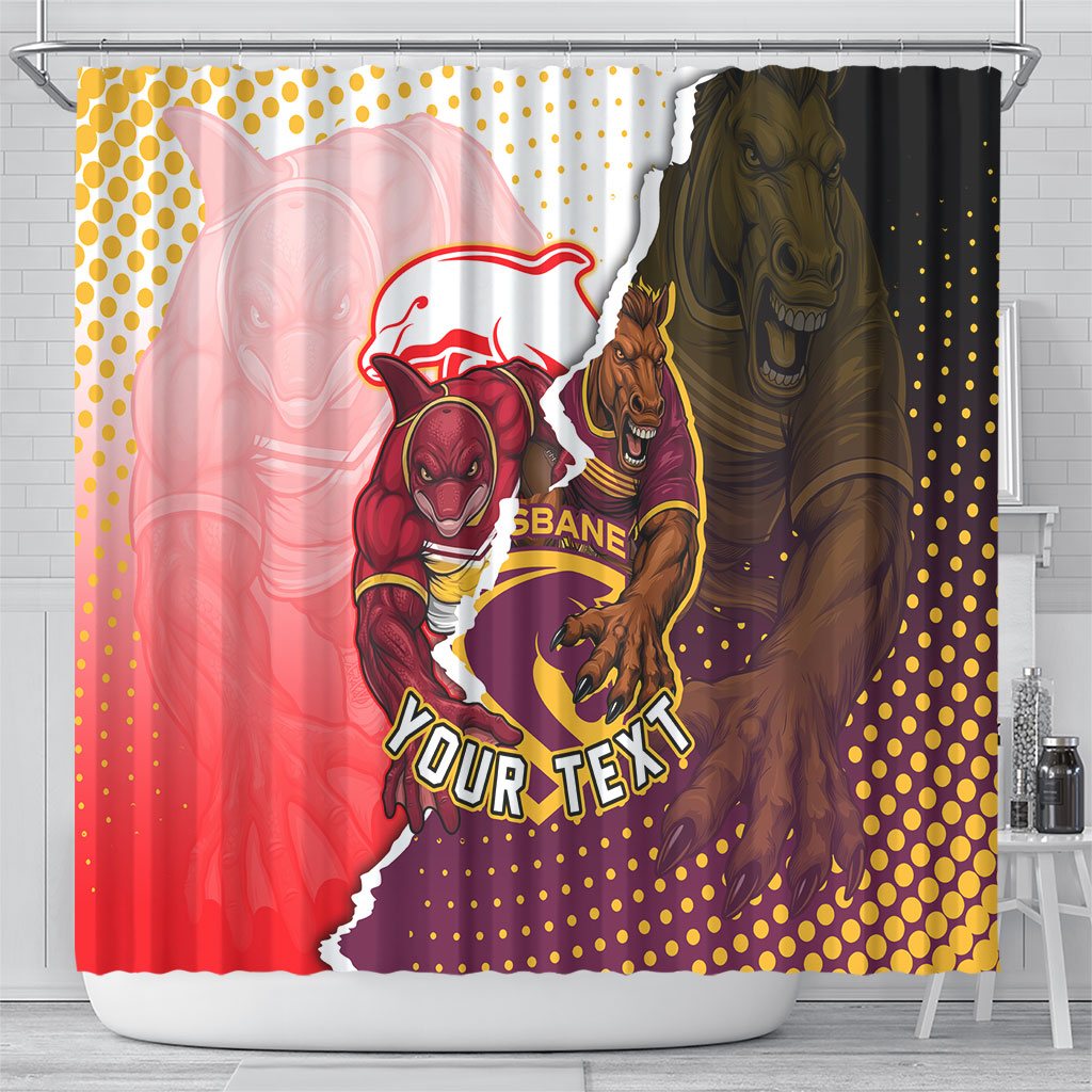 Personalized Brisbane Broncos vs Dolphins Shower Curtain Rivalry Dynamic Sports Rugby Mascot Graphic Art