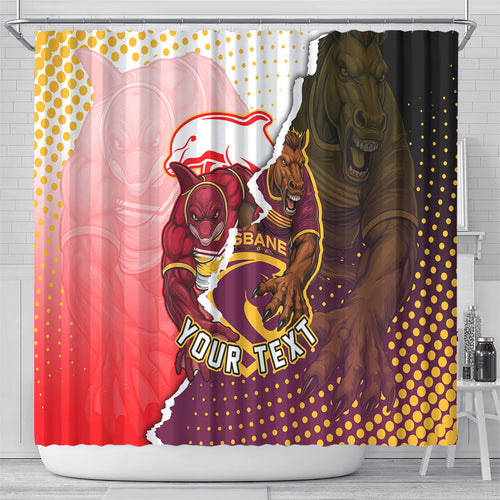 Personalized Brisbane Broncos vs Dolphins Shower Curtain Rivalry Dynamic Sports Rugby Mascot Graphic Art