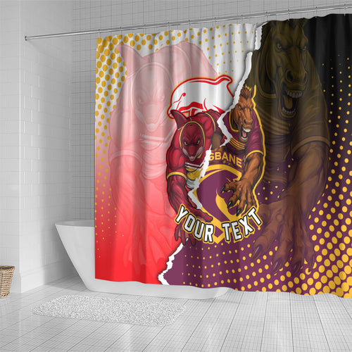 Personalized Brisbane Broncos vs Dolphins Shower Curtain Rivalry Dynamic Sports Rugby Mascot Graphic Art