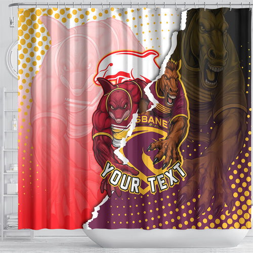 Personalized Brisbane Broncos vs Dolphins Shower Curtain Rivalry Dynamic Sports Rugby Mascot Graphic Art