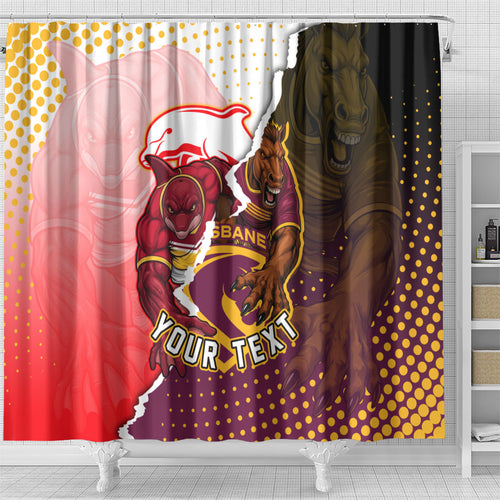 Personalized Brisbane Broncos vs Dolphins Shower Curtain Rivalry Dynamic Sports Rugby Mascot Graphic Art