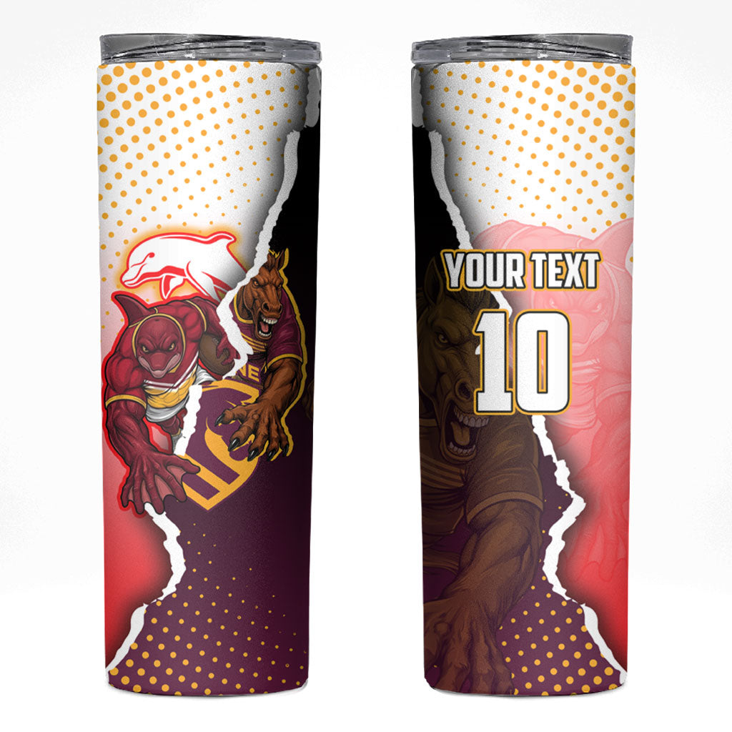 Personalized Brisbane Broncos vs Dolphins Skinny Tumbler Rivalry Dynamic Sports Rugby Mascot Graphic Art