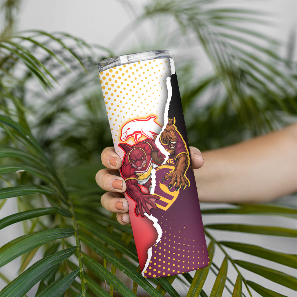 Personalized Brisbane Broncos vs Dolphins Skinny Tumbler Rivalry Dynamic Sports Rugby Mascot Graphic Art