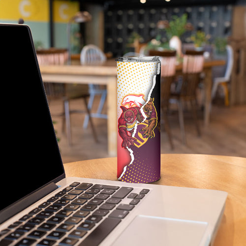 Personalized Brisbane Broncos vs Dolphins Skinny Tumbler Rivalry Dynamic Sports Rugby Mascot Graphic Art