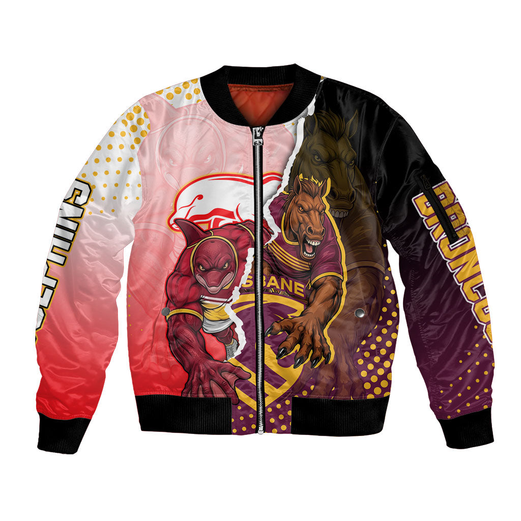 Personalized Brisbane Broncos vs Dolphins Sleeve Zip Bomber Jacket Rivalry Dynamic Sports Rugby Mascot Graphic Art