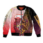 Personalized Brisbane Broncos vs Dolphins Sleeve Zip Bomber Jacket Rivalry Dynamic Sports Rugby Mascot Graphic Art