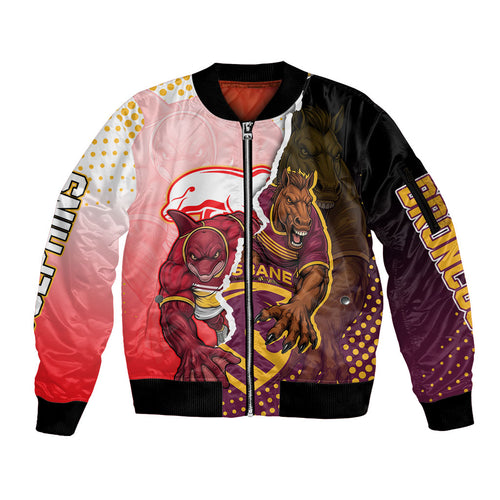 Personalized Brisbane Broncos vs Dolphins Sleeve Zip Bomber Jacket Rivalry Dynamic Sports Rugby Mascot Graphic Art