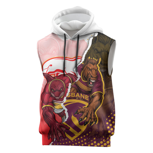 Personalized Brisbane Broncos vs Dolphins Sleeveless Hoodie Rivalry Dynamic Sports Rugby Mascot Graphic Art