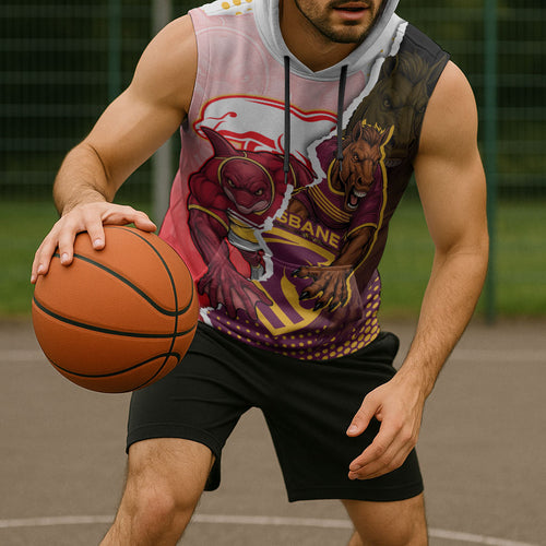Personalized Brisbane Broncos vs Dolphins Sleeveless Hoodie Rivalry Dynamic Sports Rugby Mascot Graphic Art