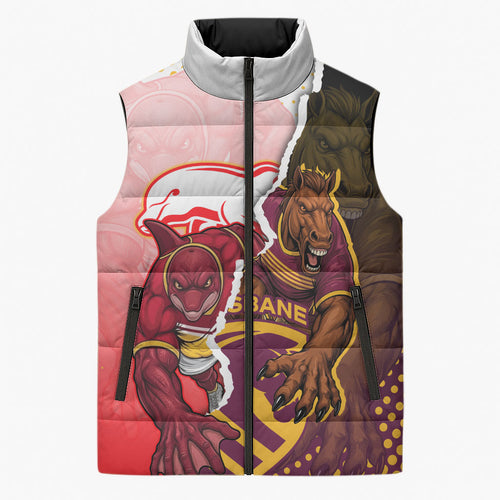 Personalized Brisbane Broncos vs Dolphins Sleeveless Puffer Jacket Rivalry Dynamic Sports Rugby Mascot Graphic Art