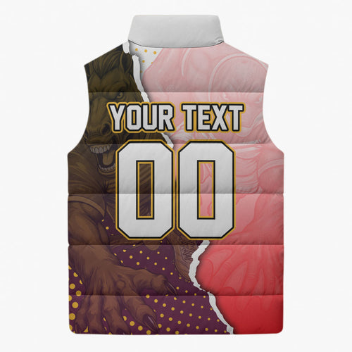 Personalized Brisbane Broncos vs Dolphins Sleeveless Puffer Jacket Rivalry Dynamic Sports Rugby Mascot Graphic Art