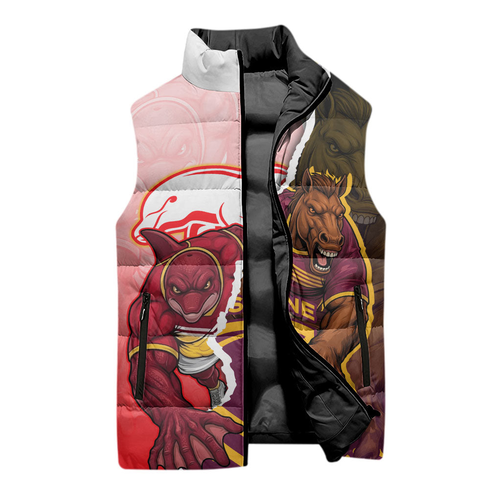Personalized Brisbane Broncos vs Dolphins Sleeveless Puffer Jacket Rivalry Dynamic Sports Rugby Mascot Graphic Art