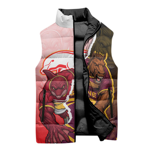 Personalized Brisbane Broncos vs Dolphins Sleeveless Puffer Jacket Rivalry Dynamic Sports Rugby Mascot Graphic Art