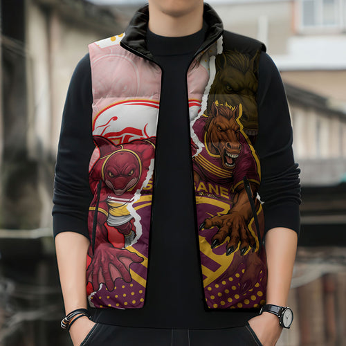Personalized Brisbane Broncos vs Dolphins Sleeveless Puffer Jacket Rivalry Dynamic Sports Rugby Mascot Graphic Art