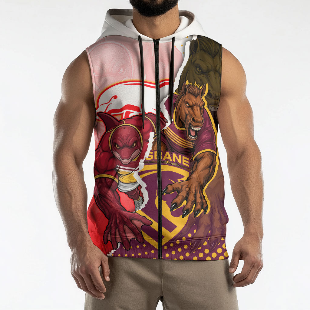 Personalized Brisbane Broncos vs Dolphins Sleeveless Zip Hoodie Rivalry Dynamic Sports Rugby Mascot Graphic Art