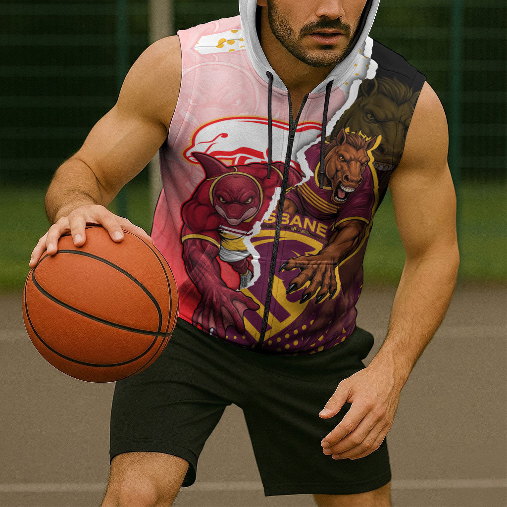 Personalized Brisbane Broncos vs Dolphins Sleeveless Zip Hoodie Rivalry Dynamic Sports Rugby Mascot Graphic Art
