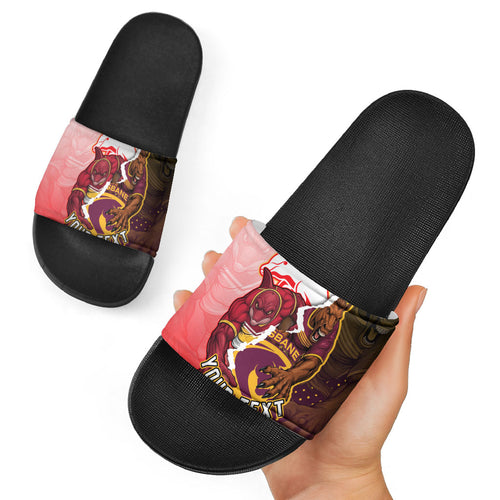 Personalized Brisbane Broncos vs Dolphins Slide Sandals Rivalry Dynamic Sports Rugby Mascot Graphic Art