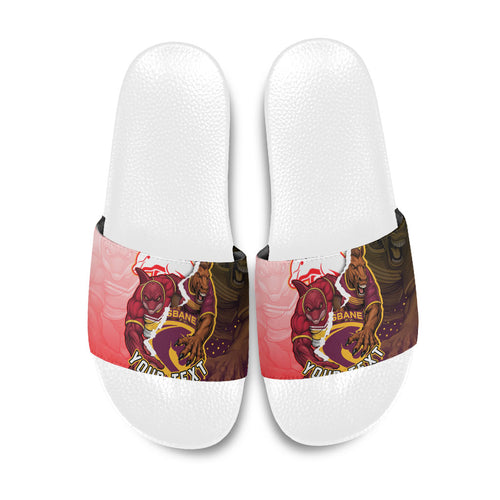 Personalized Brisbane Broncos vs Dolphins Slide Sandals Rivalry Dynamic Sports Rugby Mascot Graphic Art