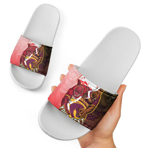 Personalized Brisbane Broncos vs Dolphins Slide Sandals Rivalry Dynamic Sports Rugby Mascot Graphic Art