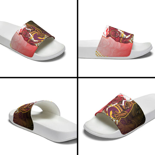 Personalized Brisbane Broncos vs Dolphins Slide Sandals Rivalry Dynamic Sports Rugby Mascot Graphic Art
