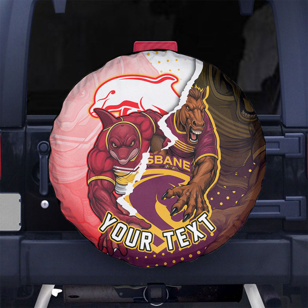 Personalized Brisbane Broncos vs Dolphins Spare Tire Cover Rivalry Dynamic Sports Rugby Mascot Graphic Art